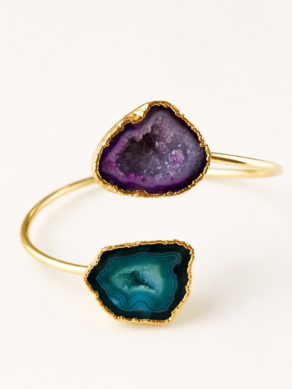 18K Gold Geode Druzy Double Stone Adjustable Gold Boho Cuff Bracelet